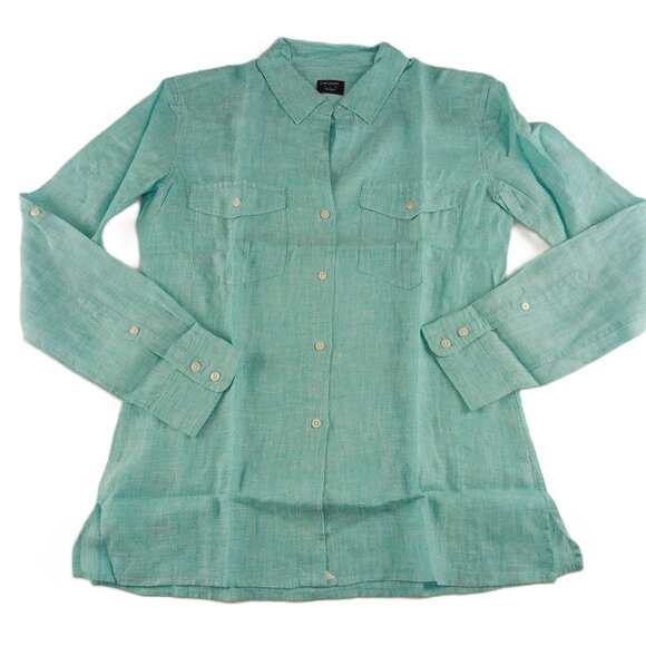 UNTUCKit Monthelie Button Front Shirt Women's Size 4 Relaxed Fit Blue Linen - Picture 1 of 7